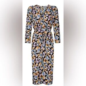 Rebecca Taylor navy multi-print crepe midi dress. High slit/deep v neck/Sz. 8-10